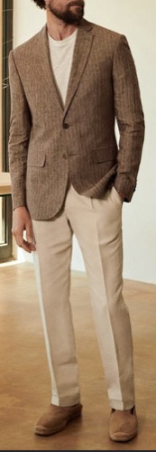 Guest men attire example β brown blazer with cream trousers