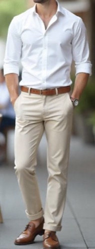 Guest men attire example β white shirt with khaki trousers